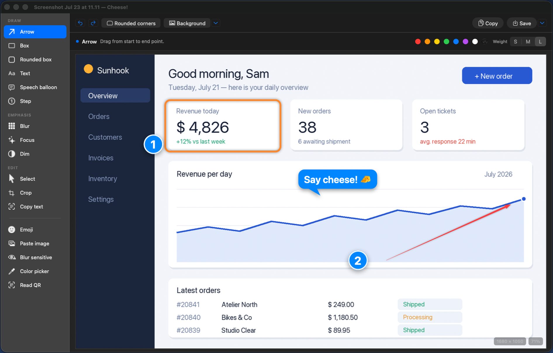 The Cheese! editor with the full toolbar open on a captured dashboard