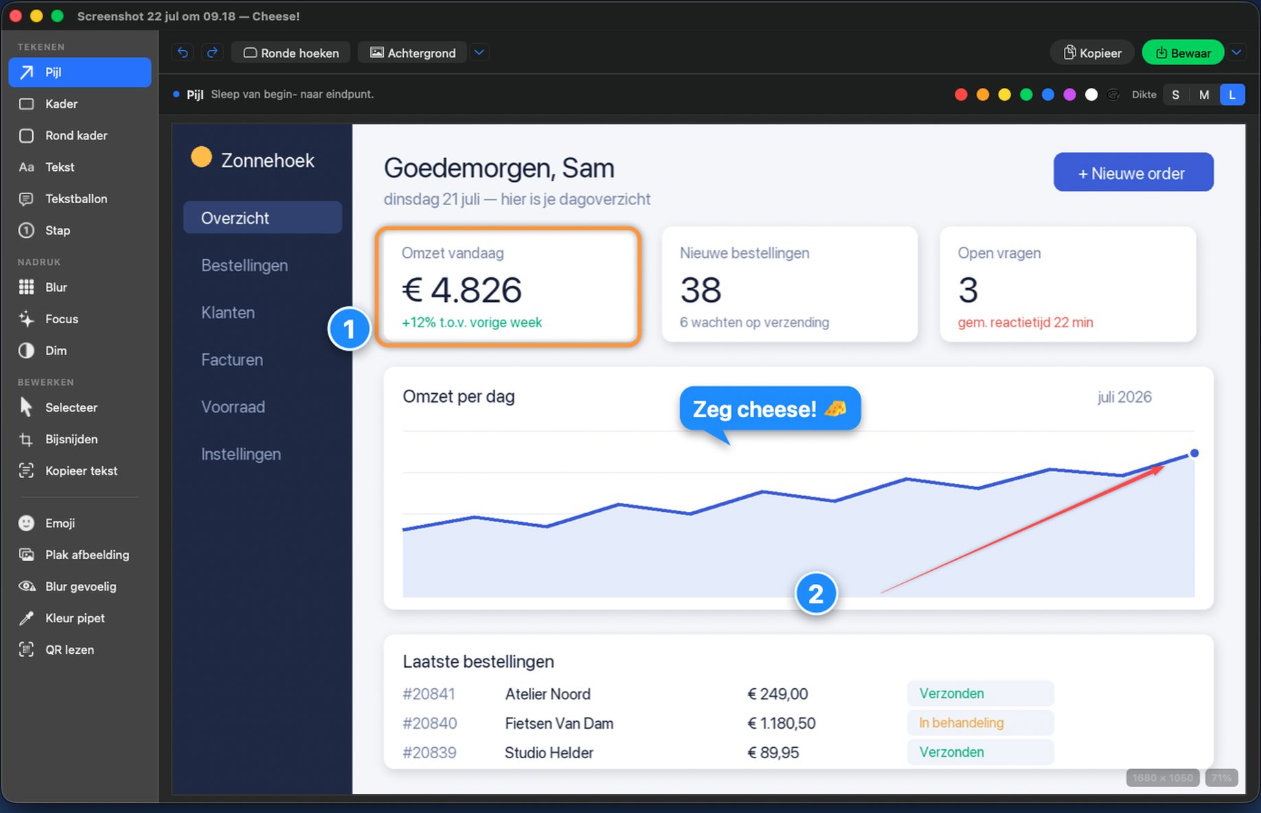 De editor van Cheese! met de volledige gereedschapsbalk open op een screenshot van een dashboard